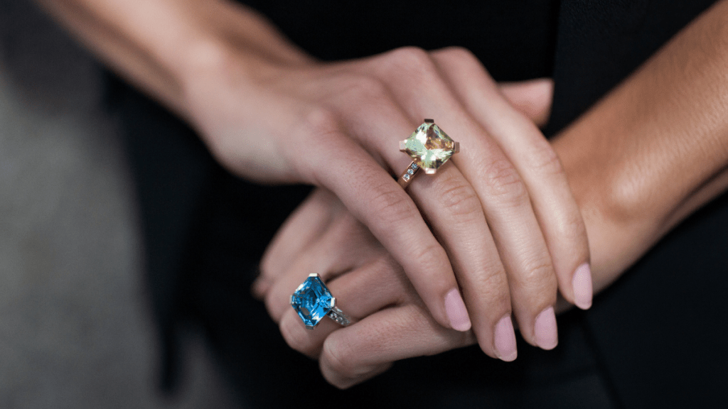 fancy diamonds in rings on hands